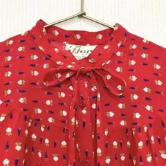 ⭐️レトロ古着　赤　野菜柄　リボンタイ　ブラウス⭐️昭和　ヴィンテージ　長袖　春