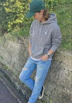 人気】ポロラルフローレン フード付き パーカー 裏起毛 グレー オーバーサイズ