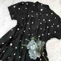 美品 水玉 ロングワンピース 黒 半袖 前ボタン 綿混 ゆったり FREE