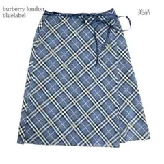 美品✨バーバリーブルーレーベル　ひざ丈ラップスカート　ブルー系チェック　紐リボン