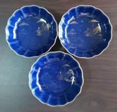 古伊万里 漢詩山水風景文 瑠璃釉金彩 なます陶磁器五寸皿 3枚セット