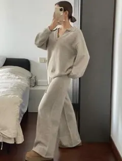 グレー スウェット ポロネック セットアップ