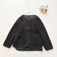 ボア ノーカラージャケット（L）フリース フルジップ シンプル 黒 ポケット有
