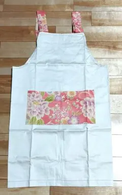 新品。KYOTO和風花柄ロングエプロン オレンジピンク✕サウンドベージュ