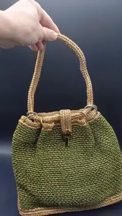 緑色と金色のハンドバッグ　グリーン＆ゴールド編みこみバッグ　昭和レトロ