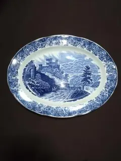 青と白の風景画の楕円皿 約47cm x 36cm