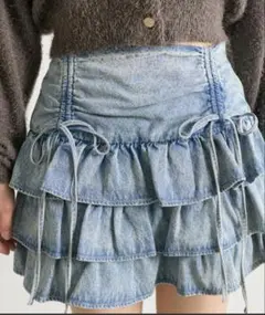 Olive des Olive 二段フリル　ライトブルーデニム ミニスカート
