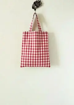 594ペタンコミニトートバッグマチなし　赤約9㍉ギンガムチェック2　ハンドメイド