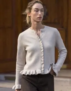 ZARA フリルトリムニットカーディガン サンド S