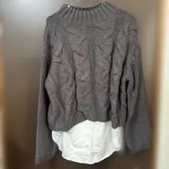 GUグレー ケーブル編み 長袖ニットセーター Mサイズ