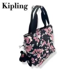 未使用美品　モンキーチャーム　ブラック　花柄　ミニトート　エコバッグ　ナイロン