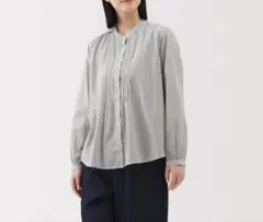 無印良品　MUJI 綿ボイル長袖ブラウス サイズＬ　ライトグレーストライプ