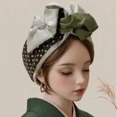 ❤️リバーシブル❤️ワイヤーターバン　ドット　和柄　グリーン