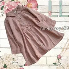 激安 新品 LL薄コーラル裏チェック角衿 五分袖ダブルガーゼ ガーゼ素材ブラウス