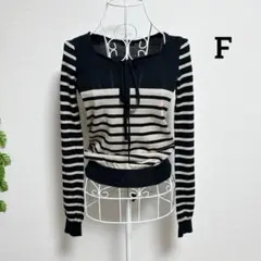 クローラ・F 長袖ニット 薄手 ブラック ベージュ ストライプ ウール100%