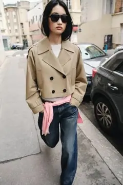 ZARA ショートダブルブレストトレンチコート ベージュ - メルカリ