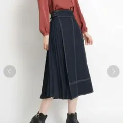 【新品】grove サイドプリーツ切替ミモレデニムスカート M ダークブルー