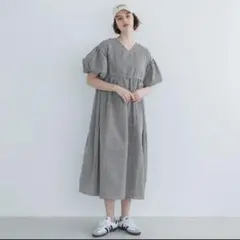 ギンガムチェック バルーンスリーブ フレア マキシ丈 ロングワンピース チェック