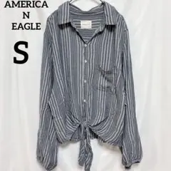 アメリカンイーグル 【S】ストライプ シャツ フロントノット パフスリーブ 青のサムネイル