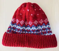 ニット帽 赤ハンドメイド　雪の結晶