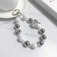 韓国風♡シルバー ビーズ スマホストラップ リボン ハート ぷっくり 可愛い