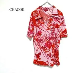 シャコック 花柄Vネック 半袖シャツ 3サイズ薄手 伸縮 レーヨン混