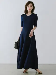 anuans ダブルフェイスニットフレアワンピース ネイビー　タグ付き♡