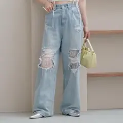 カスタネ Kastane ウエスト調節可 レースデニムパンツ