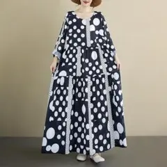 【大きいサイズ】新品 レディース ドット柄 長袖春秋ティアードワンピースk