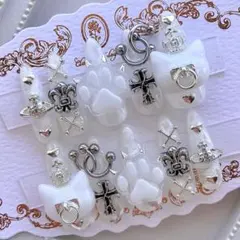 ネイルチップ 量産型 地雷 サブカル 天使界隈 白 猫 肉球 ハート 十字架