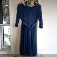 レース パーティードレス　7部袖レース　紺色　ウエスト用リボン付き卒業式結婚式