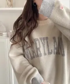 2wayMIXヤーンバイカラーロゴオーバーサイズニットプルオーバー ベージュ