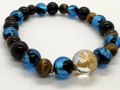 白虎水晶（金彫）ブレスレット 深海ブルーとんぼ玉　タイガーアイ　オニキス