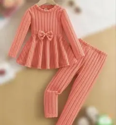 リボン付きフレアトップスとパンツセット 120　ピンクオレンジ