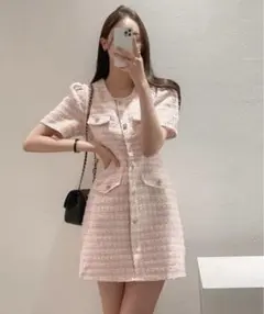 DHOLIC 半袖ツイードワンピース ピンク