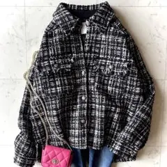 美品 カデュネ ミックスツイード ジャケット ウール混 ブラック系 ゆったり