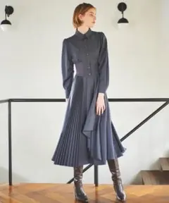 And Couture ウエストリブアシメプリーツシャツワンピース　グレー
