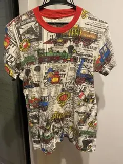 ビンテージ　70s80s90s 5050ボディ機関車総柄リンガーTシャツ　紙タグ