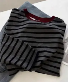SHEIN ボーダー 長袖カットソー グレー×ブラック