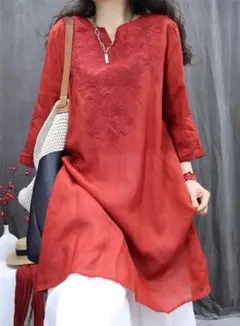 ブラウス 着痩せ レディース 刺繡 上品 きれいめ 通勤 チュニック レッド