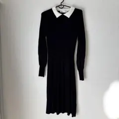 ZARA ブラック 白襟 長袖ニットワンピース S