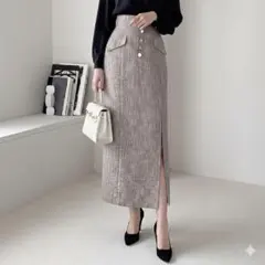 【GRL】アソートボタンツイードナロースカート ベージュ