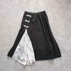 希少 モード フレアスカート 黒 L ミモレ丈 チャイナボタン ゴシック