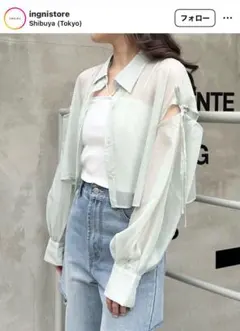 イングingni肩リボン袖スリットシアーショートシャツ