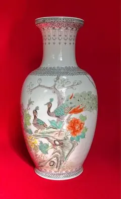 中國美術 567中國景德鎮製款 花鳥紋 詩文款花瓶 花器 花入 珍禽栩栩