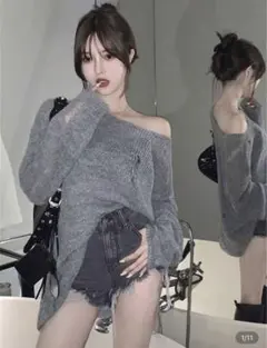 グレー ダメージ加工 オフショルダー ニット　shein