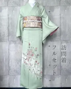 正絹【絽】上質な友禅訪問着フルセット緑味の灰　暈し、草花文様 154.5/65 正絹【絽】上質な友禅訪問着フルセット緑味の灰 暈し、草花文様 154.5