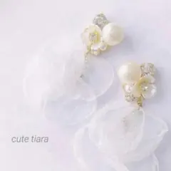 大人可愛い◇パールフラワー×シフォン　ピアスイヤリング