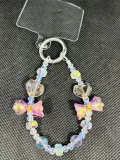 可愛い花とハートのビーズストラップ