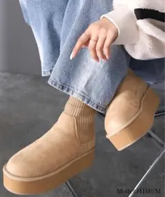厚底スエードスリッポンブーティ ベージュ